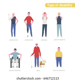 Type of disability men character vector illustration flat design