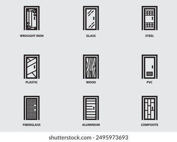 Tipo de colección de iconos de contorno de material de puerta. Puerta diversa basada en el arte de línea de Vector de material