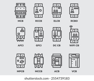 type of electrical circuit breaker outline icon symbol vector collection isoleated on background.mcb switchboard pictogram design