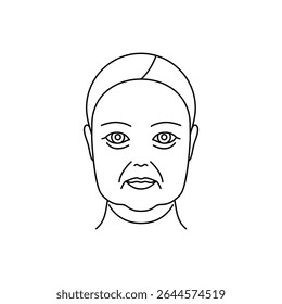 Tipo de ícone de envelhecimento facial: deformação, estilo de linha, traçado editável. Ilustração do processo de envelhecimento da mulher 