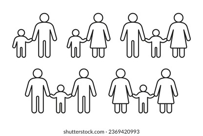 Tipo de familia con icono secundario, línea. Niño con padre, madre, padres. Hétero y familia LGBT. Ilustración del contorno del vector