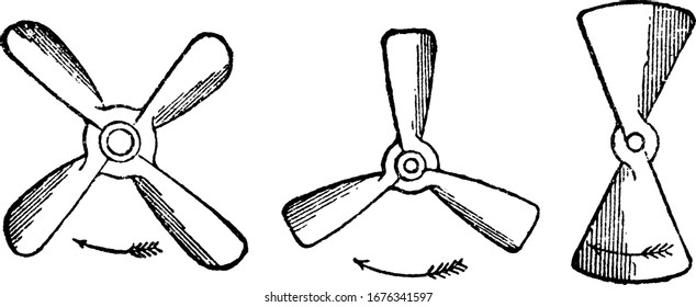 Ein Ventilator, der durch Umwandlung von Drehbewegungen in Schubkraft auf Schiffe, die mit Dampf angetrieben werden, Energie überträgt, treibt sie durch das Wasser, die Vintage-Linien-Zeichnung oder Graviergrafik.