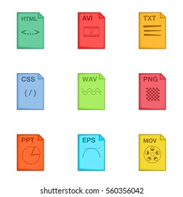Type of file icons set. Cartoon illustration of 9 type of file vector icons for web
