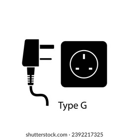 Type G plug and socket vector in silhouette style isolated on a white background. Outlet plug icon.