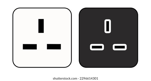 Icono vectorial de enchufe de potencia tipo G. Icono de enchufe de pared de 3 pines eléctricos en blanco y negro aislado en fondo blanco. 