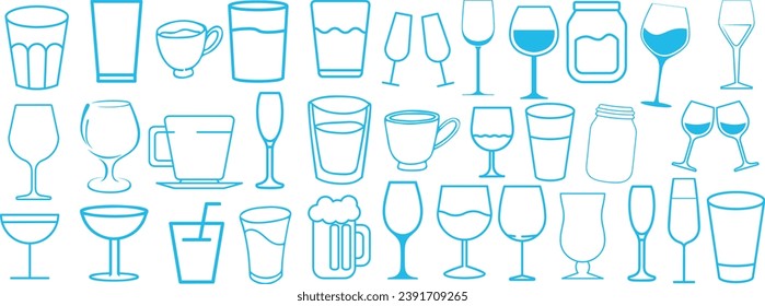 type of glass line icons. Empty, half and full filled glasses illustration on white background.