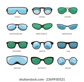 Type of Glasses Set Collection with Various Style, Modern Male Headwear Accessories, Googles, Vector Illustration