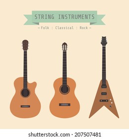 type of guitar, folk, classical, rock, flat style