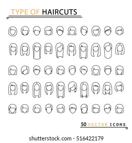 Type of haircuts. 50 thin line icons. Isolated object. EPS 10