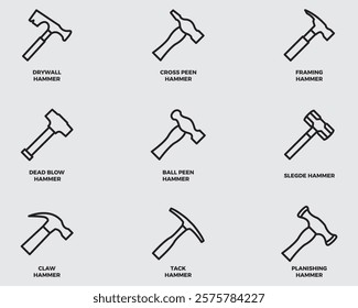 type of hammer tools outline icons.any of various hammers symbol thin line vector isolated on background