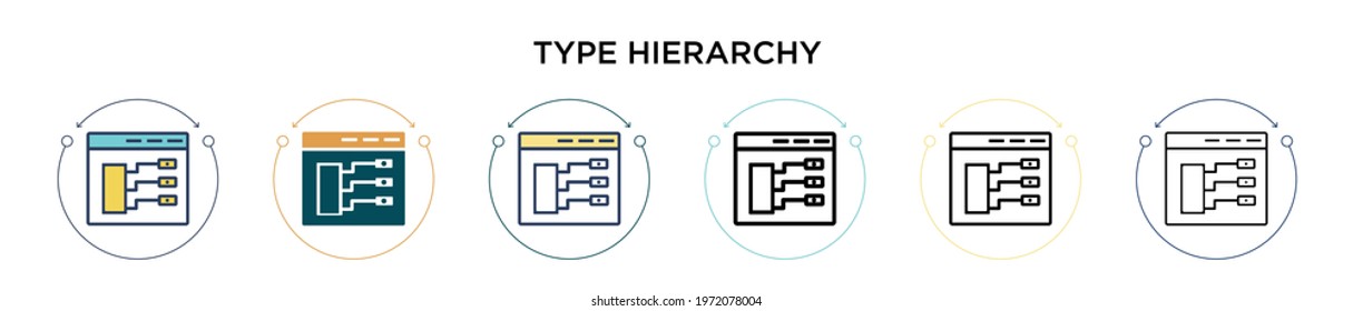 Type hierarchy icon in filled, thin line, outline and stroke style. Vector illustration of two colored and black type hierarchy vector icons designs can be used for mobile, ui, web