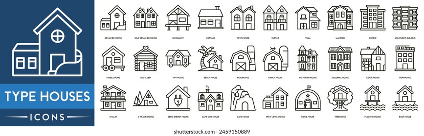 Type Houses icon. Detached House, Semi House, Bungalow, Cottage,T ownhouse, Duplex, Villa, Mansion, Condo and Apartment Building