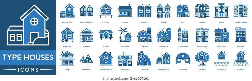 Type Houses icon. Detached House, Semi House, Bungalow, Cottage,T ownhouse, Duplex, Villa, Mansion, Condo and Apartment Building