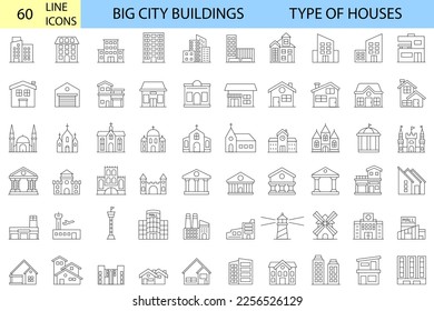 type of houses. Set of linear icons of big city buildings. Urban architecture. State institutions, religious and cultural monuments. Educational centers and residential buildings