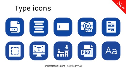  type icon set. 10 filled type icons. Simple modern icons about  - Xls, Center alignment, Type, Mp, Letter, Marquee, Typography, Stockholm, Psd