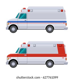 Type II ambulances on a van type chassis. Side view ambulance vehicle. Isolated vector illustration