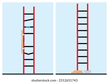 Tipo de uso incorrecto y erróneo de Ilustración vectorial de escalera recta rota y dañada. Estándar de seguridad para el acceso en la construcción y el lugar de trabajo industrial.