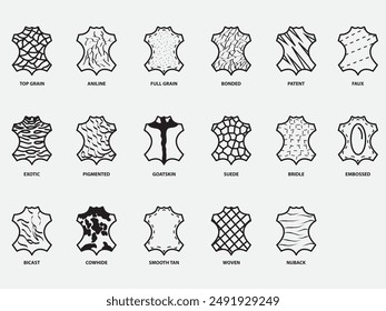 Art des Ledermaterials Textur Umriss Icon Kollektion.Variation des Lederschild-Symbols isoliert auf weißem Hintergrund