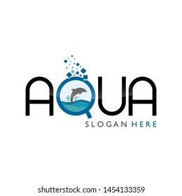 Type letter of dolphin logo. Letter aqua design vector with dolphin jump from water on type text. Tile dots upper text. isolated with white background