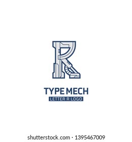 Type Letter R Mech logo, initial logotype with robot mechanical style design