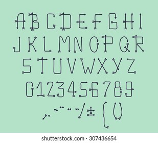 Type letters, numbers and punctuation marks Hand drawin alphabet handwritting abc vector modern font arrow shape.