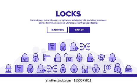 Type Locks Landing Web Page Header Banner Template Vector. Different Shape, Open And Closed Locks Linear Pictograms. Key And Padlock In Heart Form Concept Illustration
