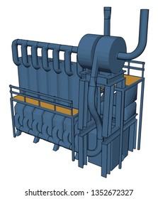 A type of machine or water filtering system for city medium in size have different parts like pump so many connecting pipes attached to a fixed line vector color drawing or illustration