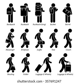 Type of Man Male Bags and Luggage Stick Figure Pictogram Icons