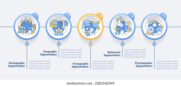 Tipo de plantilla infográfica de círculo de segmentación de mercado. Visualización de datos con 5 pasos. Gráfico de información de línea de tiempo editable. Diseño de flujo de trabajo con iconos de línea. Lato-Bold, fuentes regulares usadas