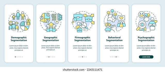 Type of market segmentation onboarding mobile app screen. Walkthrough 5 steps editable graphic instructions with linear concepts. UI, UX, GUI template. Myriad Pro-Bold, Regular fonts used