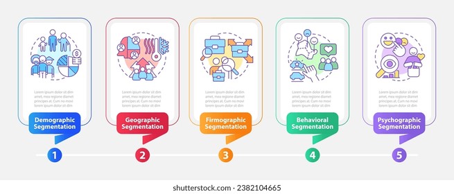 Type of market segmentation rectangle infographic template. Data visualization with 5 steps. Editable timeline info chart. Workflow layout with line icons. Myriad Pro-Bold, Regular fonts used