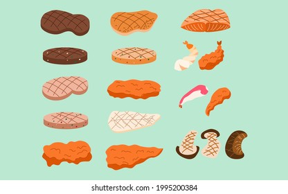 type of meats used to put into burgers, food culture vector, illustration design product set.