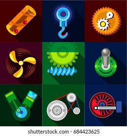 Type of mechanism icons set, flat style