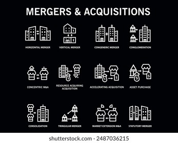 type of mergers and acquisitions outline icon collection.business share and takeover pictogram vector isolated on black brackground