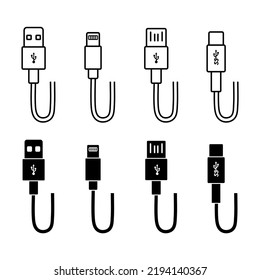 type micro USB cable icon set  vector isolated on white background