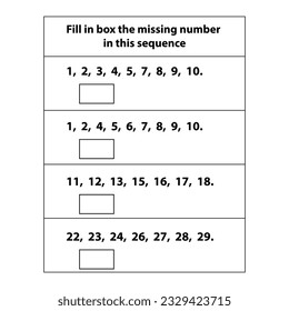 Type the missing number worksheet. missing numbers.  Fill in the box. Math on white background. Vector graphic illustration. basic kid  learning education