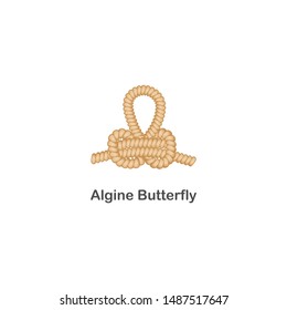 Type of nautical knots for sailor, rope with loop, isolated vector marine illustration on white background. Type of nautical or marine node algine butterfly knot for rope with a loop.