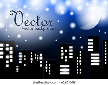 Type on a night city with the moon in the dark blue sky and brightly shining stars