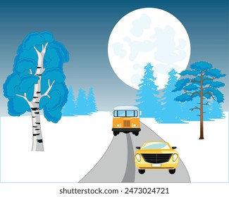 Tipo en la carretera en la noche en invierno y el transporte en ella