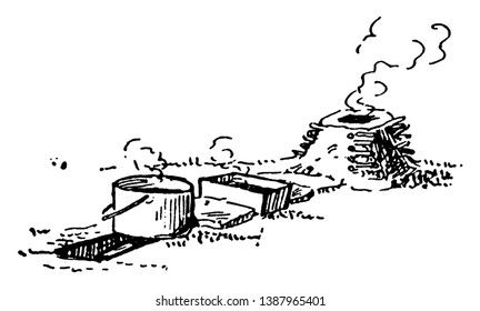 It is a type of outdoor cooking. The campers have developed techniques and equipment's for preparing food in outdoors environments, vintage line drawing or engraving illustration.