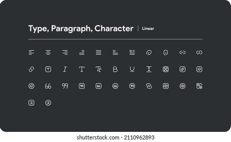 Type, Paragraph, Character icon - linear set