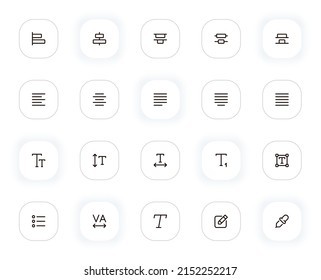 Type, paragraph and character line icons set. Text editing, alignment, format and other buttons. Vector outline pictograms for web and ui, ux mobile app design. Editable Stroke. 24x24 Pixel Perfect.