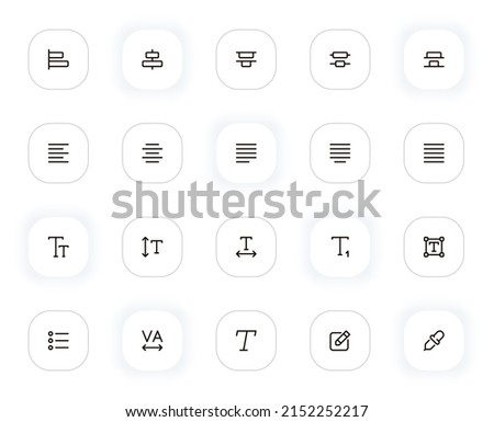Type, paragraph and character line icons set. Text editing, alignment, format and other buttons. Vector outline pictograms for web and ui, ux mobile app design. Editable Stroke. 24x24 Pixel Perfect.