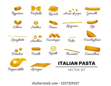 Type of pasta icons, italian pasta set in flat cartoon style. Isolated elements for italian cusine decoration, labels, designs. Vector illustration on white