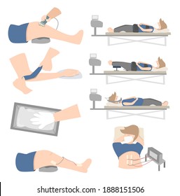 Type of physical therapy treatment such as ultrasound therapy, spine traction, paraffin dip, electrical stimulation technique and taping. Medical concept