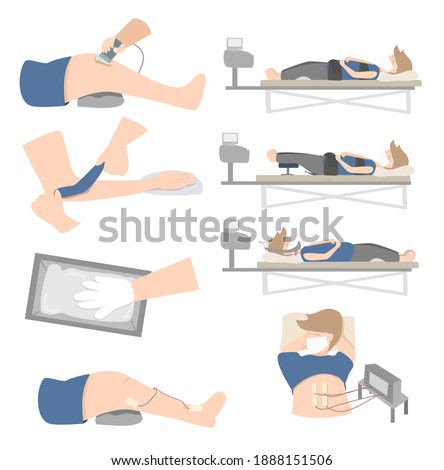Type of physical therapy treatment such as ultrasound therapy, spine traction, paraffin dip, electrical stimulation technique and taping. Medical concept ストックフォト © 