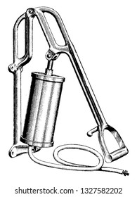 It is a type of positive displacement air pump specially designed for inflating bicycle tires. It is a foot operated pump, vintage engraved line art illustration. Bicycle Accessories - 1900