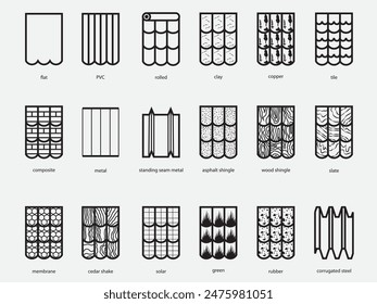 type of roofing material pictogram outline icon collection.roof symbol vector illustration isolated on white background