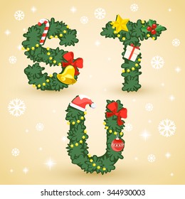 Type set : Christmas Wreath And Ornaments : Vector Illustration