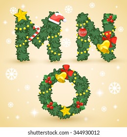 Type set : Christmas Wreath And Ornaments : Vector Illustration